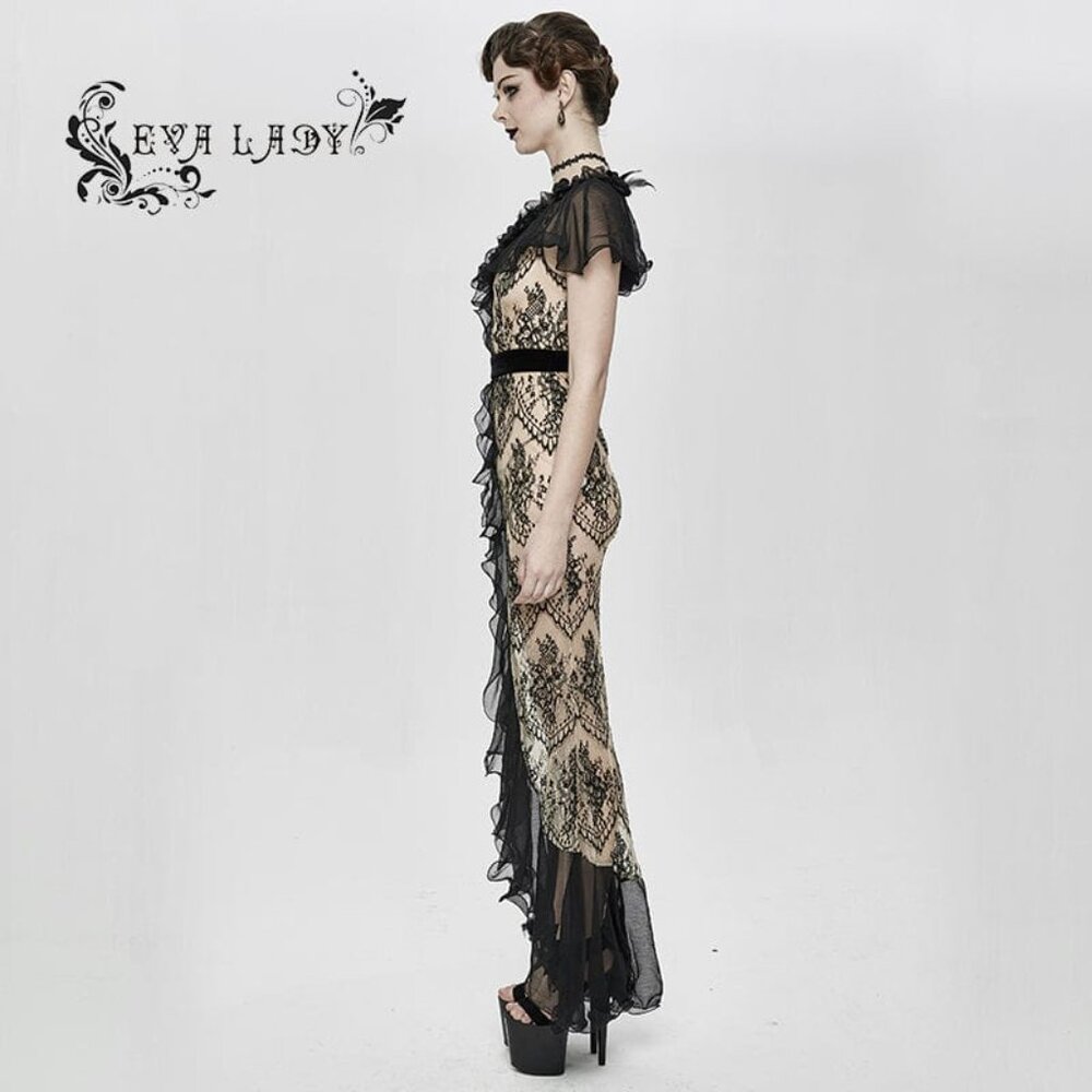 Women's Gothic Turn-down Collar Sheer Floral Lace Dovetail Dress - Picture 2 of 6